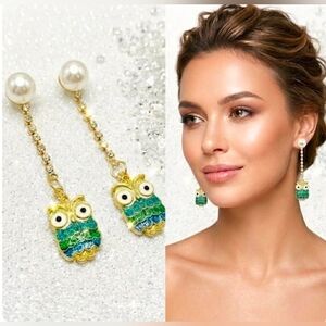 Gold  Plated blue green crystal pearl owl drop earrings.